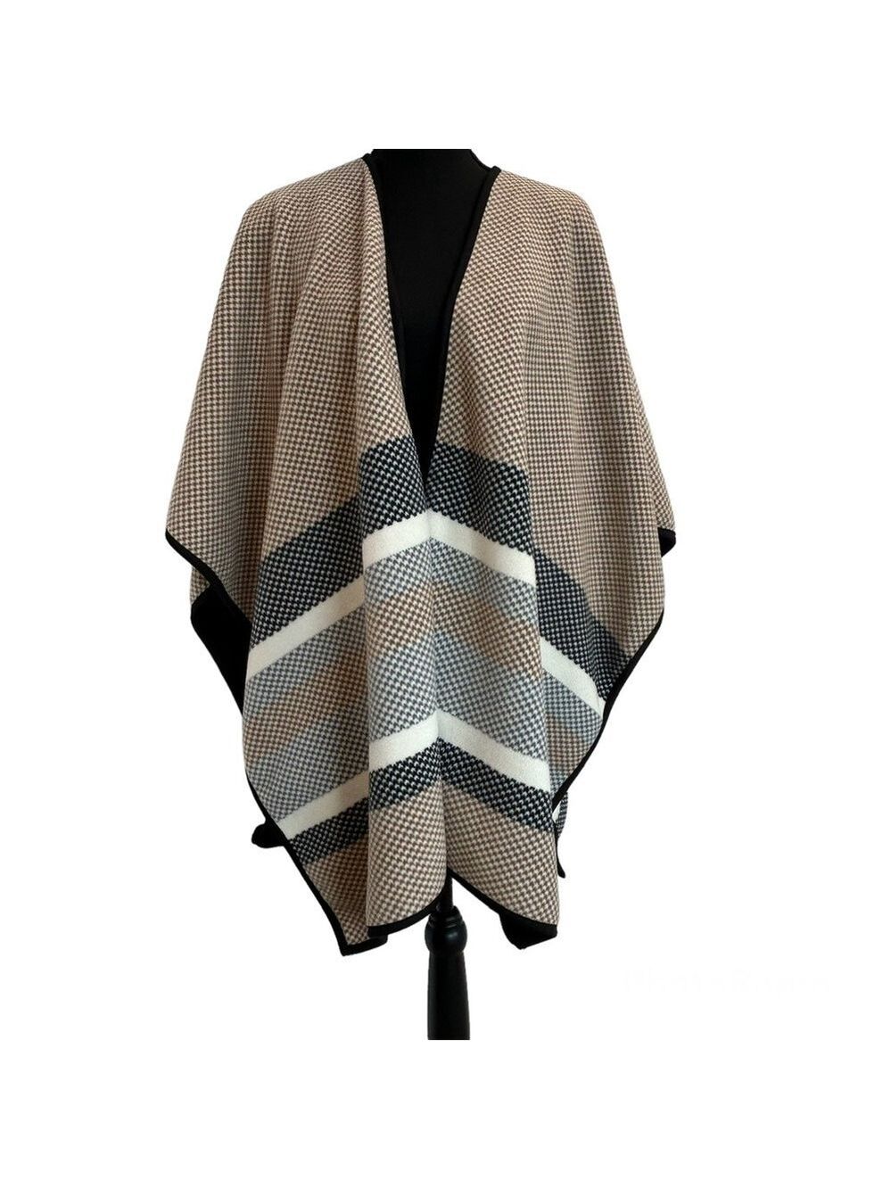 NICOLE Miller brown gray white striped poncho shawl cape